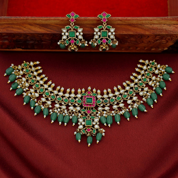 Premium Gaurika Jadau Kundan Short Neckpiece/Choker With Earring