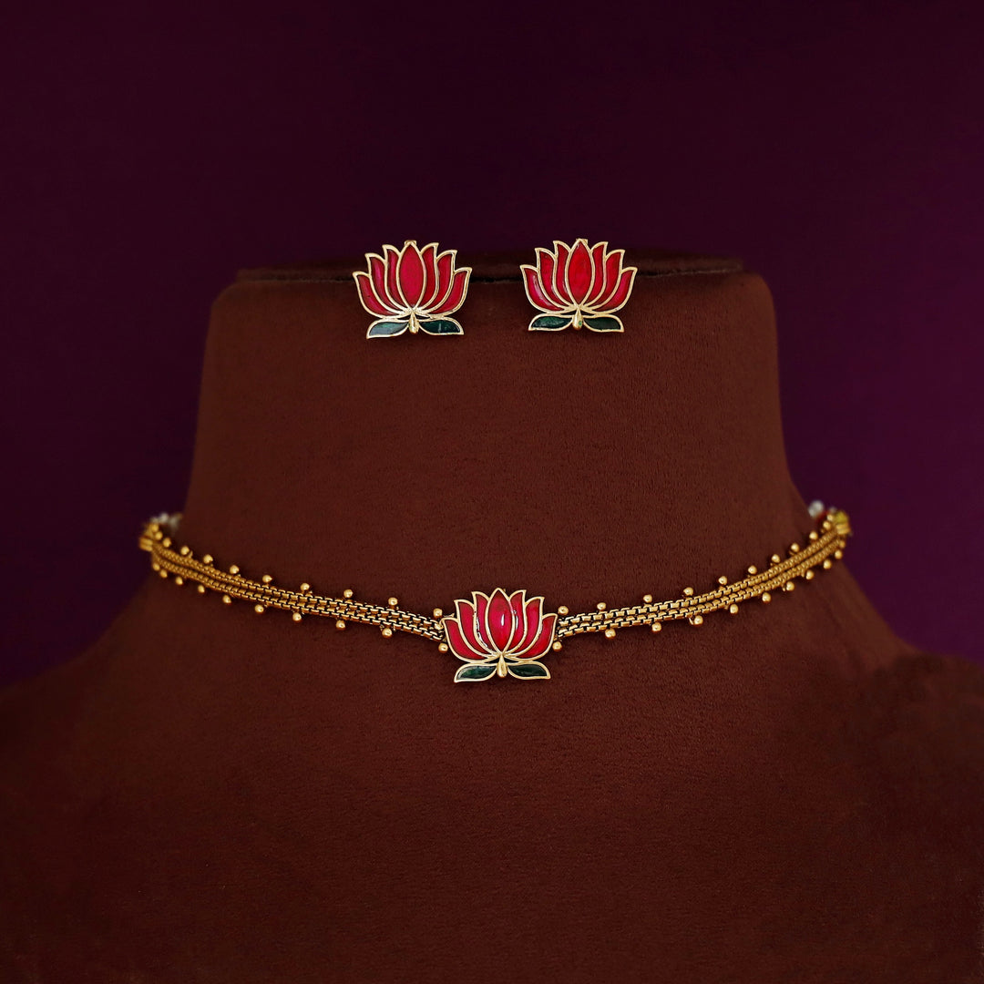 Advaita Enamel Lotus Choker With Earring