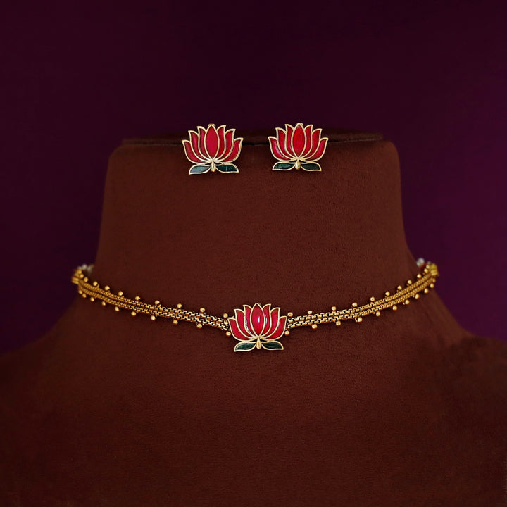 Advaita Enamel Lotus Choker With Earring