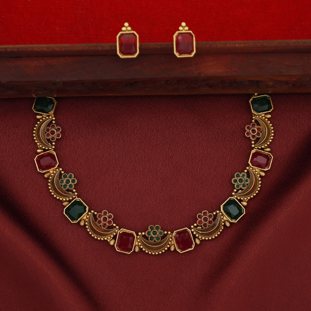 Navabha Curved Rectangle Half Moon Flower Short Neckpiece with Stud
