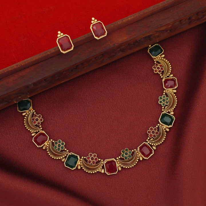 Navabha Curved Rectangle Half Moon Flower Short Neckpiece with Stud