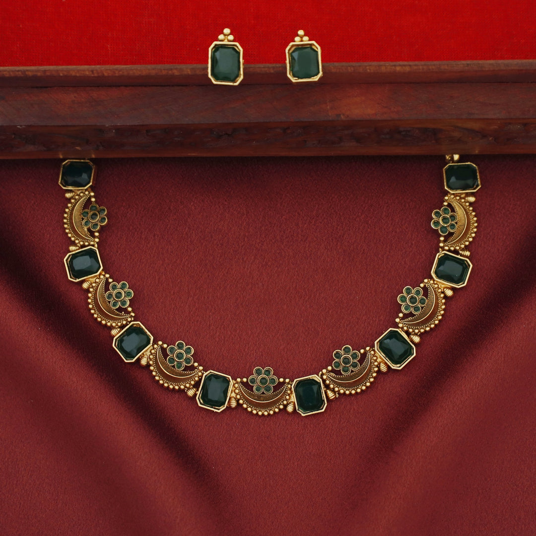 Navabha Curved Rectangle Half Moon Flower Short Neckpiece with Stud