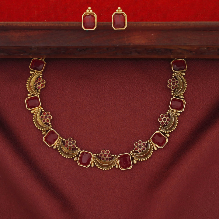 Navabha Curved Rectangle Half Moon Flower Short Neckpiece with Stud