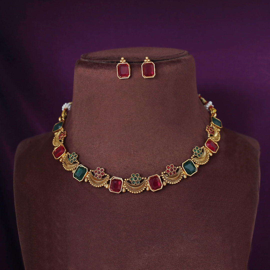 Navabha Curved Rectangle Half Moon Flower Short Neckpiece with Stud