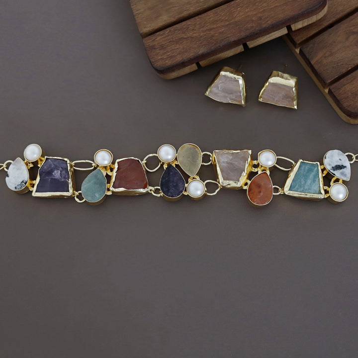 Brenda Golden Raw Stone + Pearl Choker With Stud