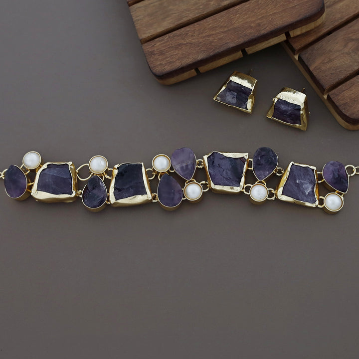 Brenda Golden Raw Stone + Pearl Choker With Stud