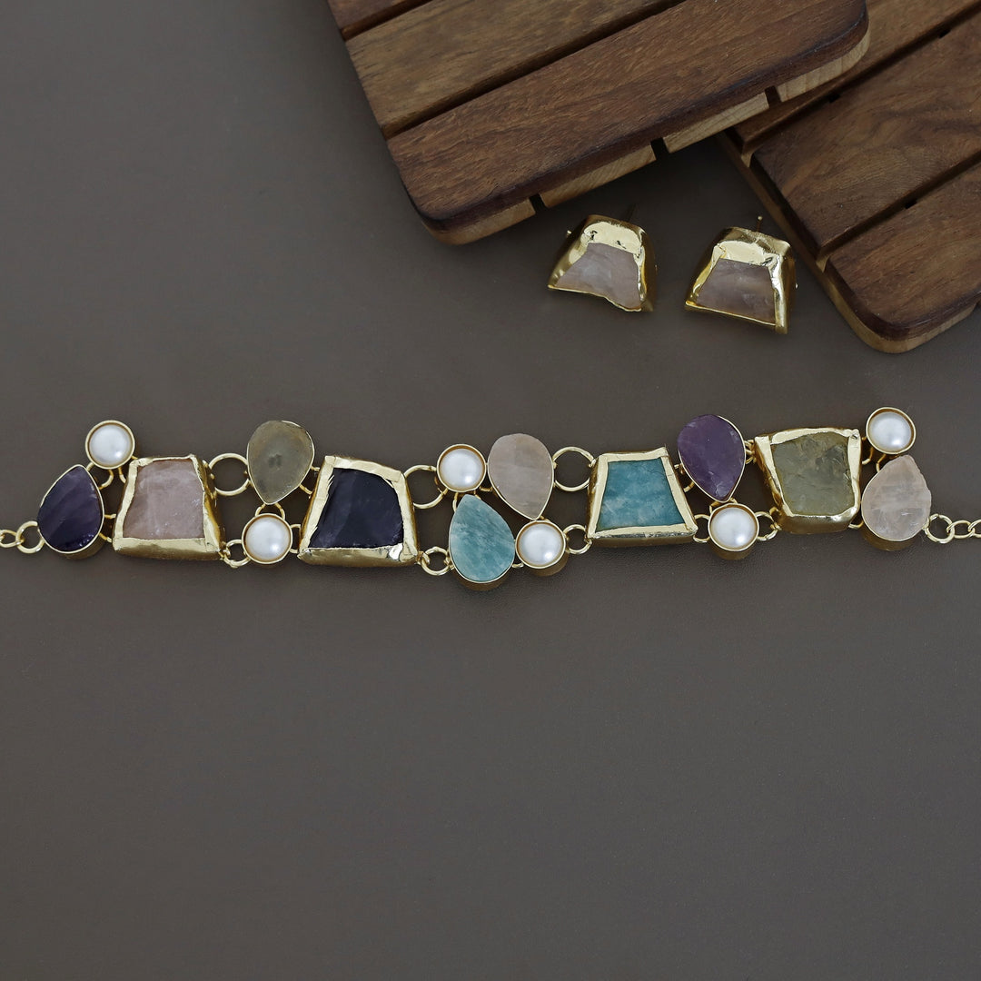 Brenda Golden Raw Stone + Pearl Choker With Stud
