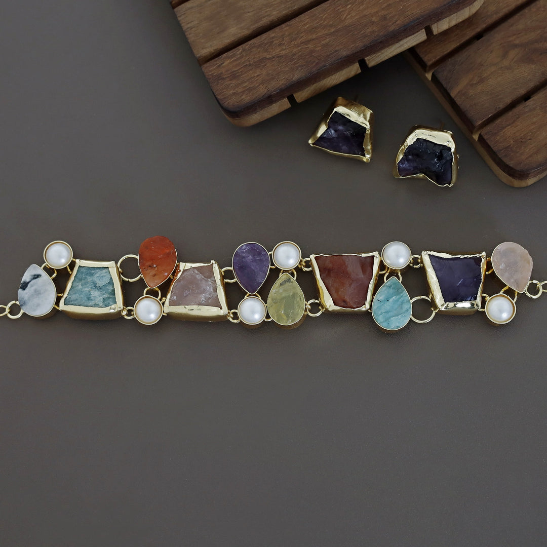 Brenda Golden Raw Stone + Pearl Choker With Stud