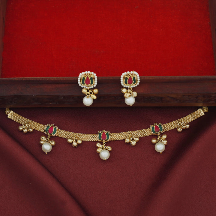 Jadau Kundan Lotus Ghungroo Pearl Choker with Earring
