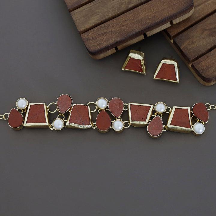 Brenda Golden Raw Stone + Pearl Choker With Stud