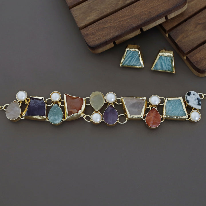 Brenda Golden Raw Stone + Pearl Choker With Stud