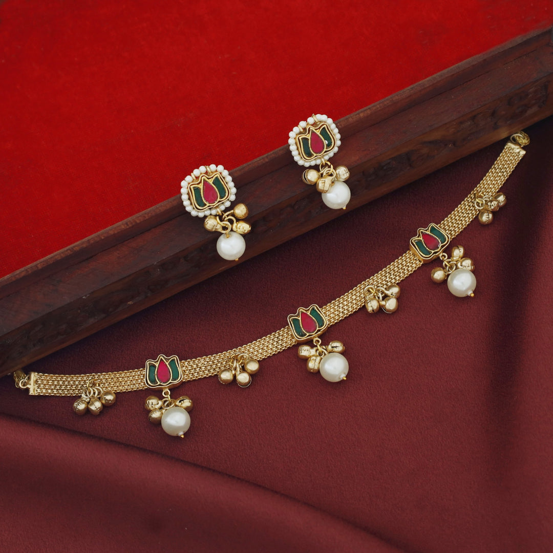 Jadau Kundan Lotus Ghungroo Pearl Choker with Earring