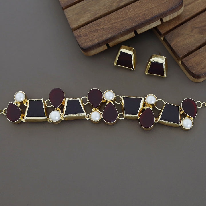 Brenda Golden Raw Stone + Pearl Choker With Stud