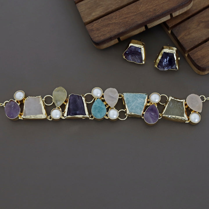 Brenda Golden Raw Stone + Pearl Choker With Stud