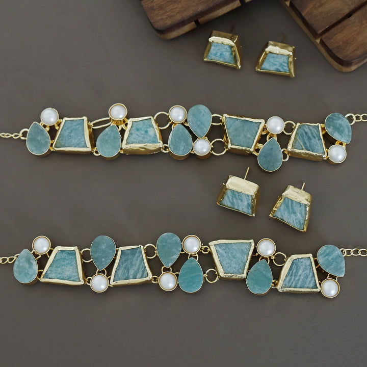 Brenda Golden Raw Stone + Pearl Choker With Stud