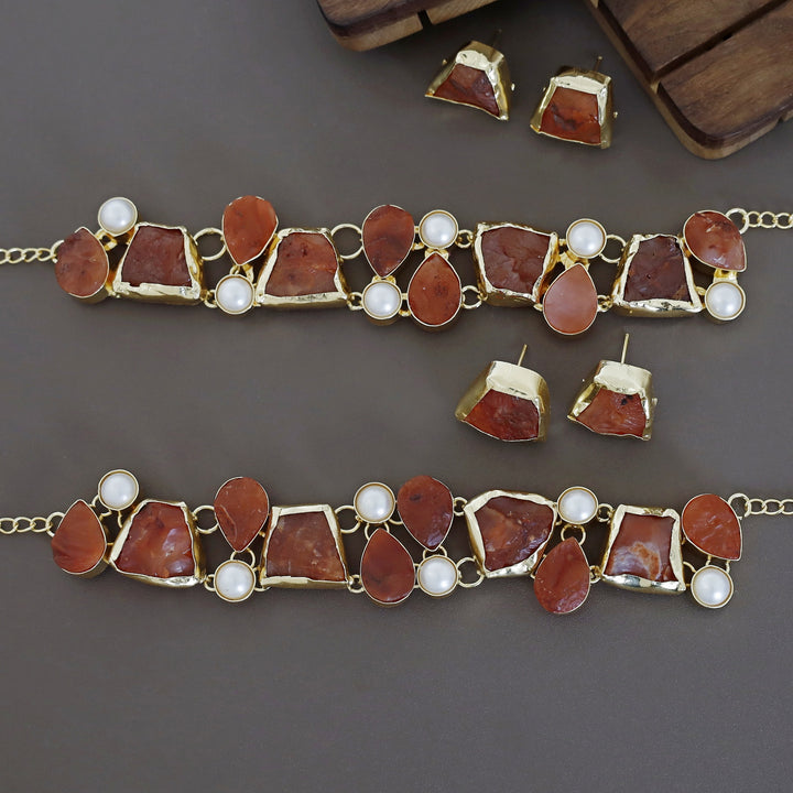 Brenda Golden Raw Stone + Pearl Choker With Stud