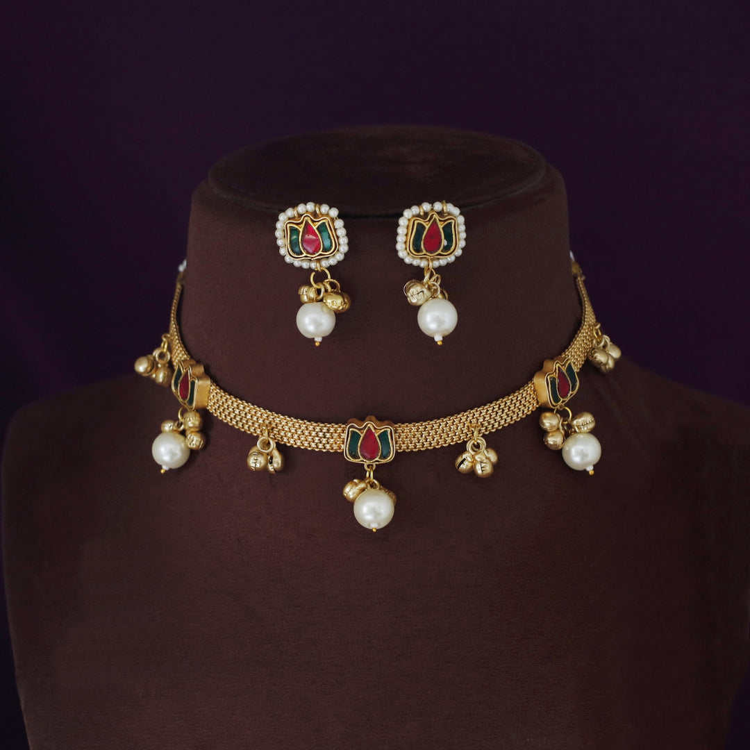Jadau Kundan Lotus Ghungroo Pearl Choker with Earring