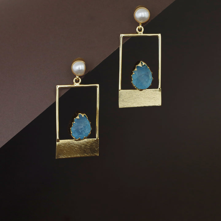 Golden Box And Drop Dyed Stone Pearl Earring