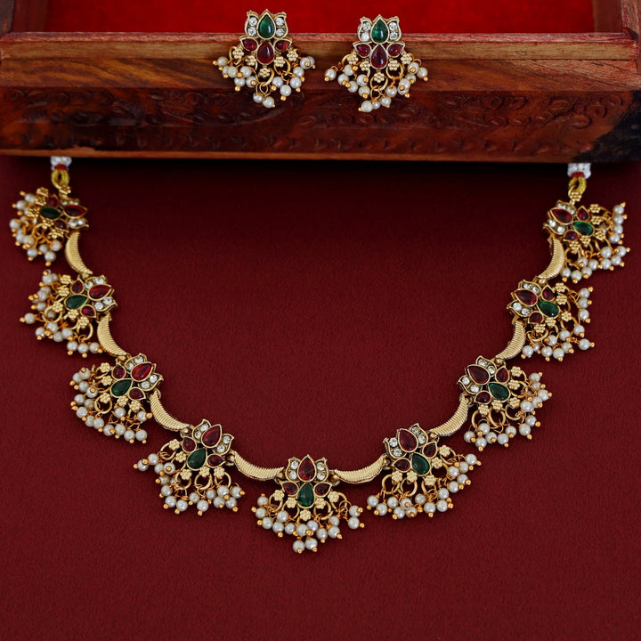 Vinaya Golden Lotus Pearl Short Neckpiece With Earring