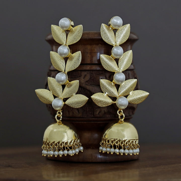 Junia Golden Textured Leafy Pearl Jhumka