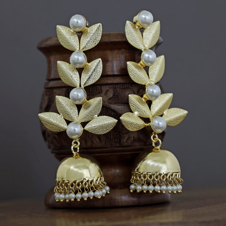 Junia Golden Textured Leafy Pearl Jhumka