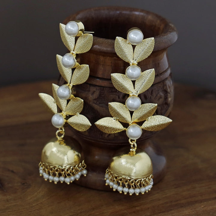 Junia Golden Textured Leafy Pearl Jhumka