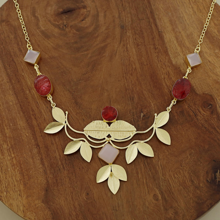 Golden Textured Leafy Dyed + Glossy Stone Neckpiece