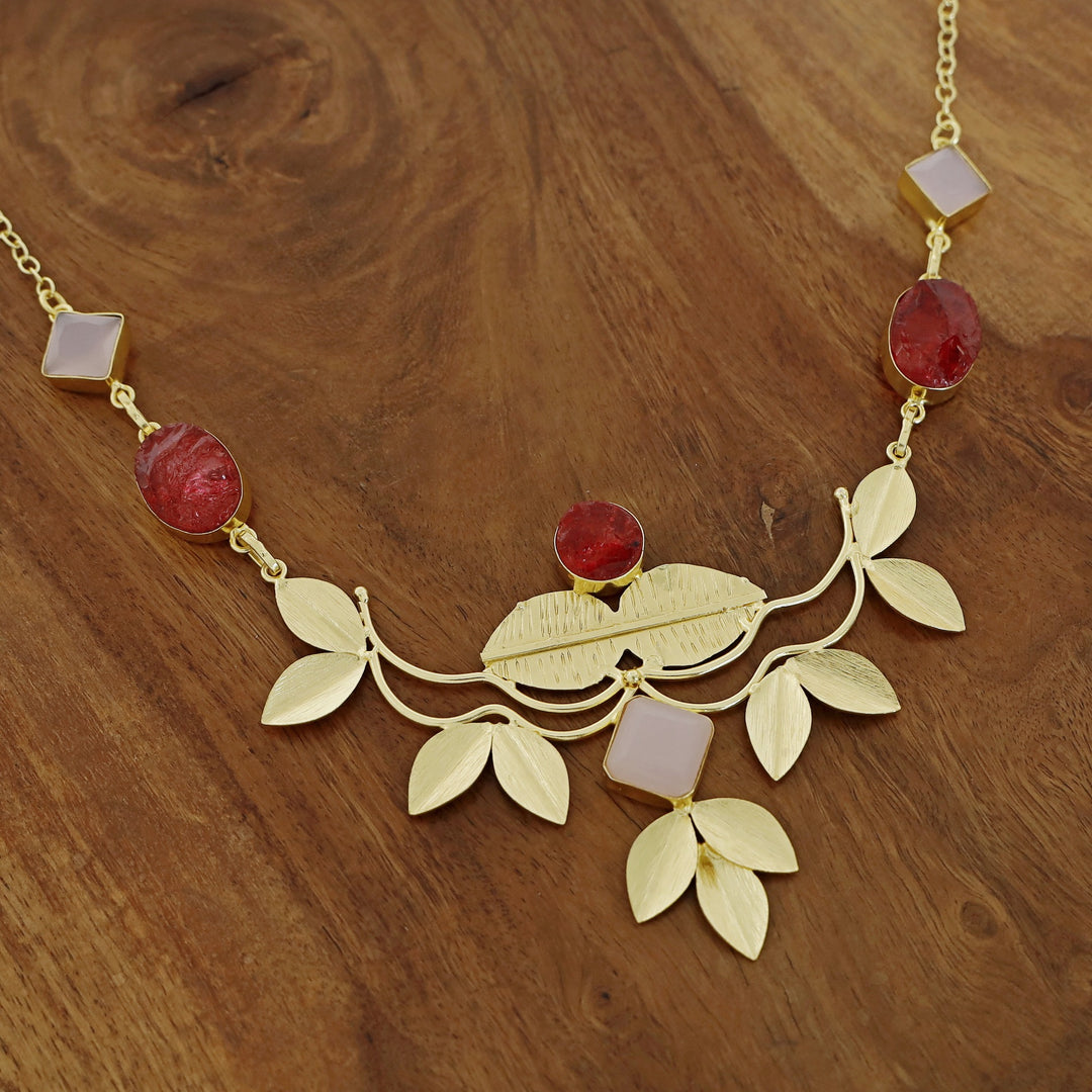 Golden Textured Leafy Dyed + Glossy Stone Neckpiece