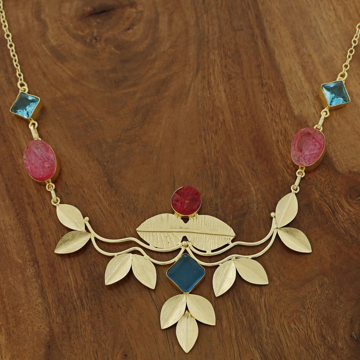 Golden Textured Leafy Dyed + Glossy Stone Neckpiece