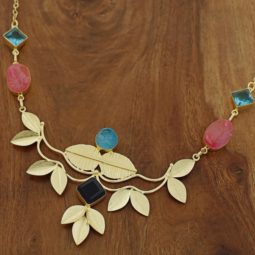 Golden Textured Leafy Dyed + Glossy Stone Neckpiece