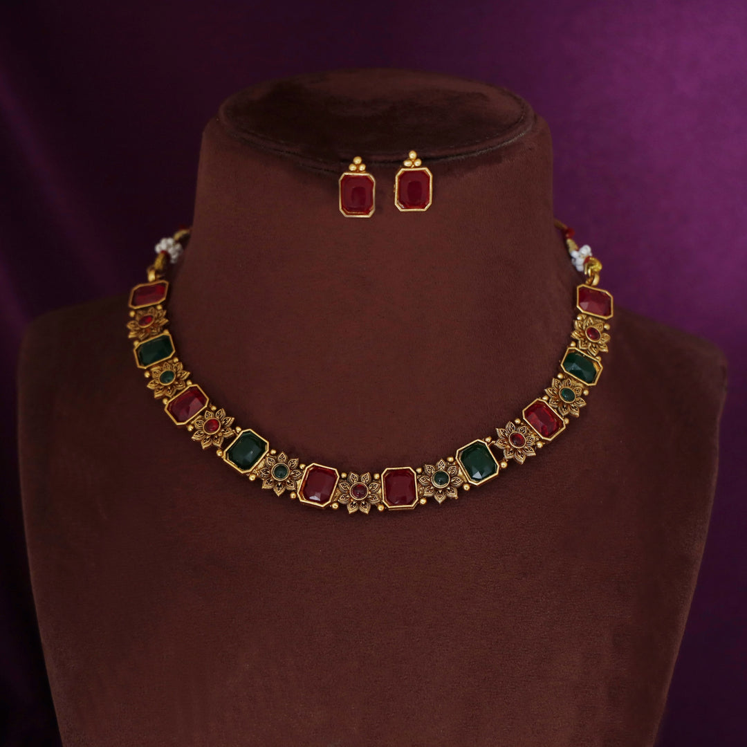 Shriya Flower Rectangle Short Neckpiece with Earring