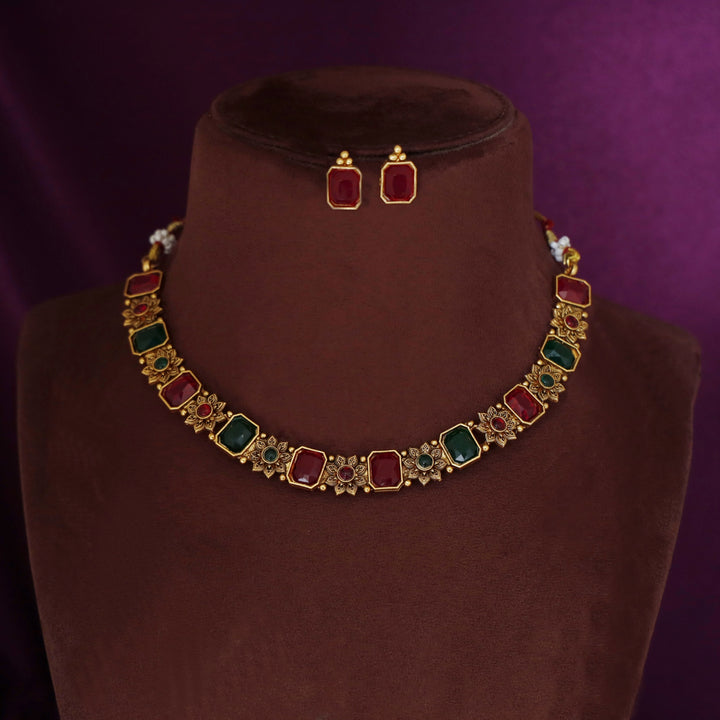 Shriya Flower Rectangle Short Neckpiece with Earring