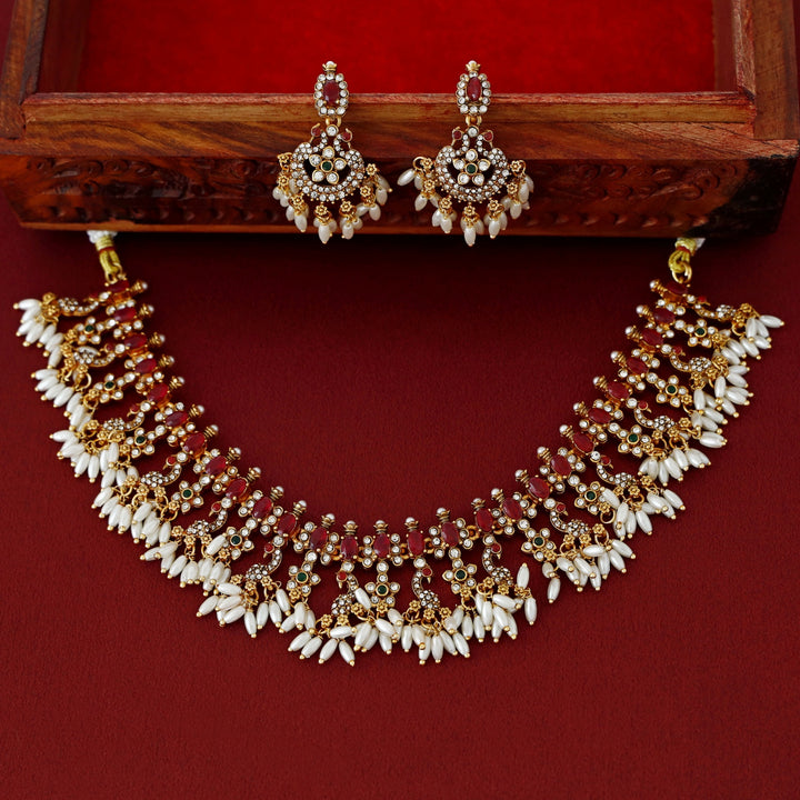 Amyra Traditional Rice Pearl Short Neckpiece With Earring
