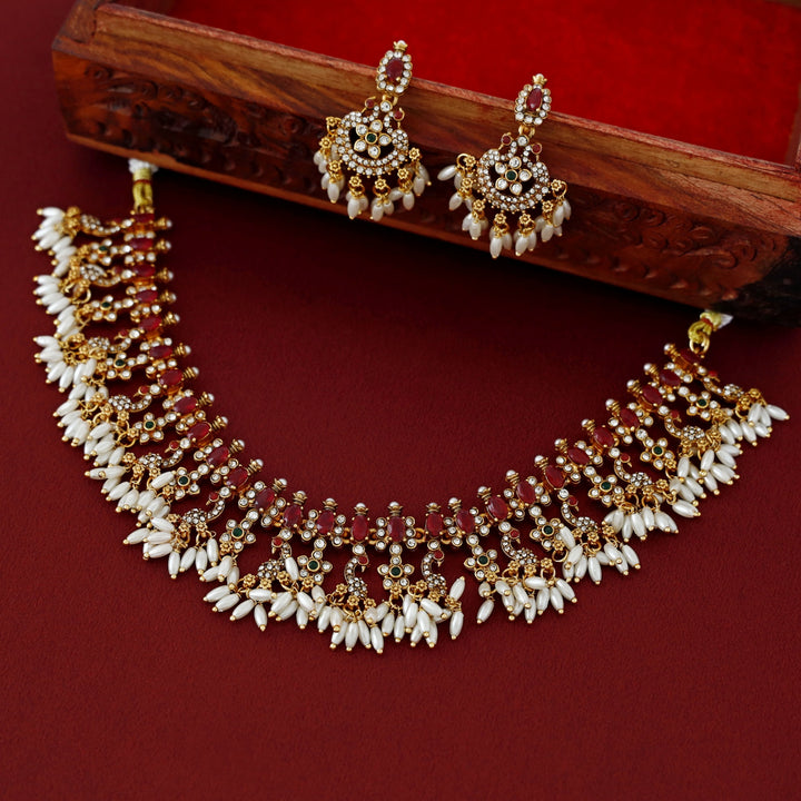 Amyra Traditional Rice Pearl Short Neckpiece With Earring