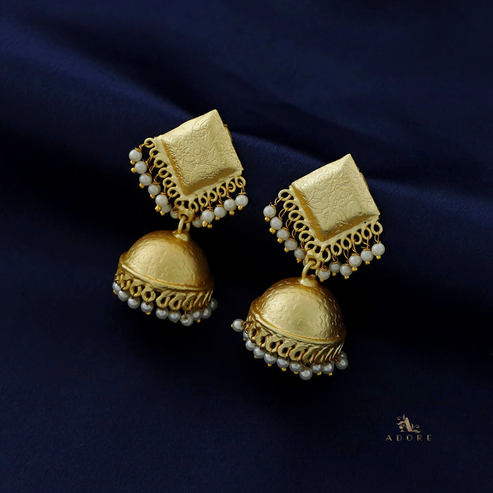 Golden Engraved Textured Pearl Jhumka