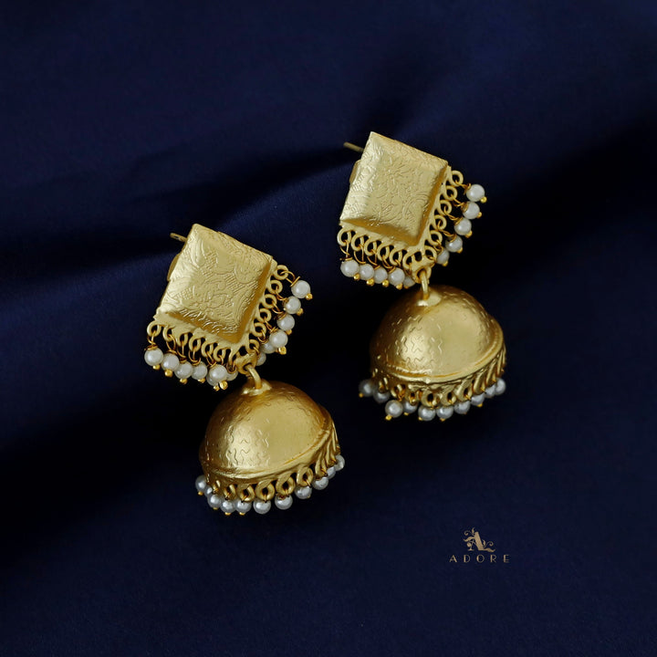 Golden Engraved Textured Pearl Jhumka