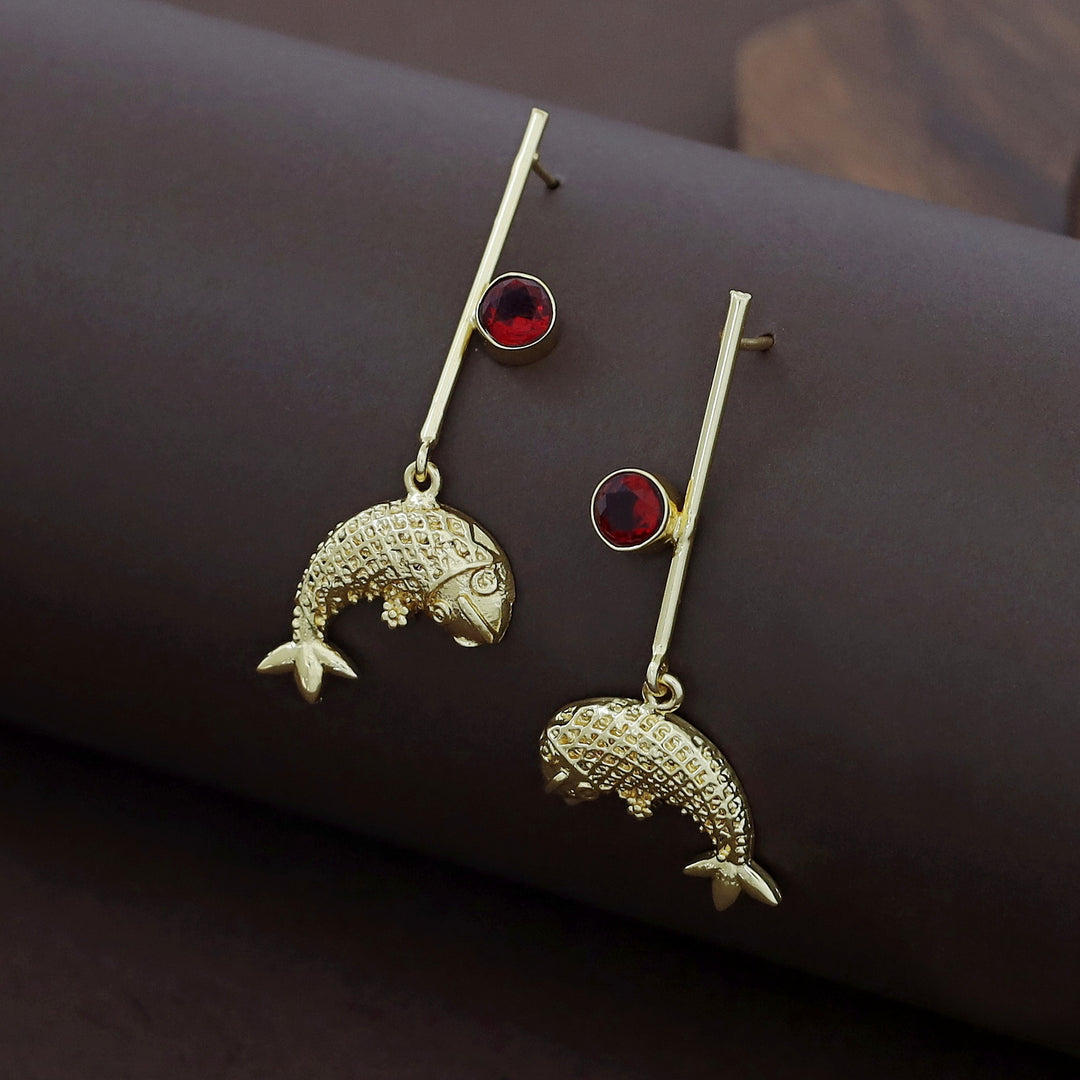 Golden Stick Glossy Stone Fish Earring