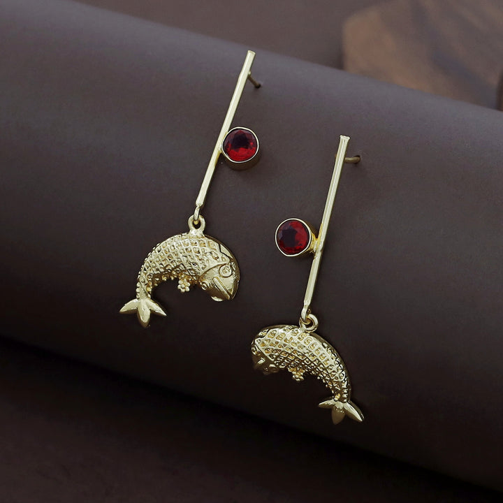Golden Stick Glossy Stone Fish Earring