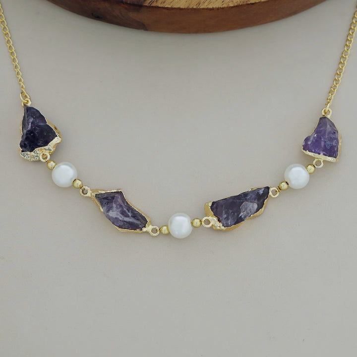 Electro Plated Raw Stone + Pearl Short Neckpiece