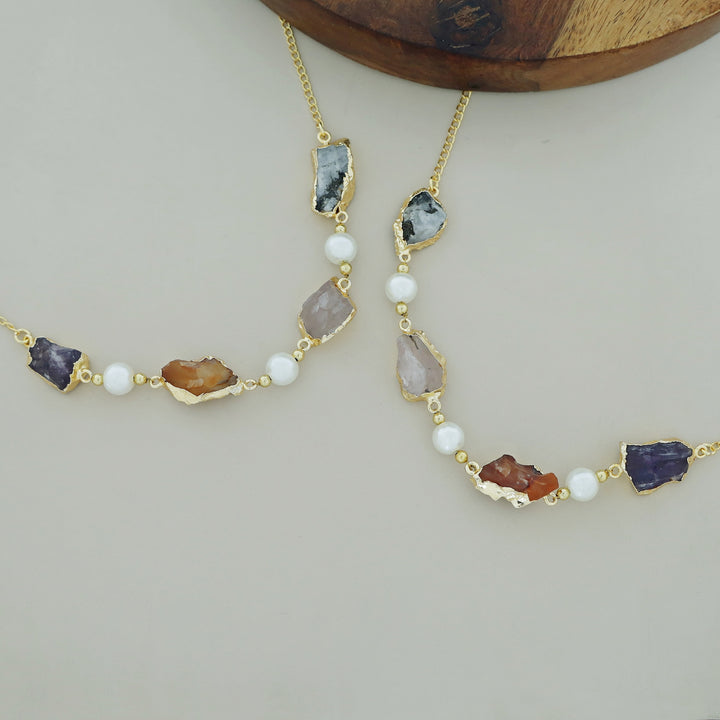 Electro Plated Raw Stone + Pearl Short Neckpiece