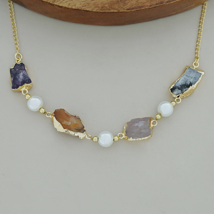Electro Plated Raw Stone + Pearl Short Neckpiece