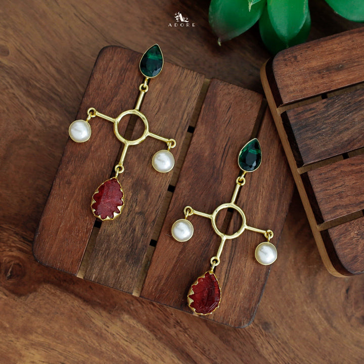 Riana Glossy Drop Twin Pearl Circle Dyed Stone Earring