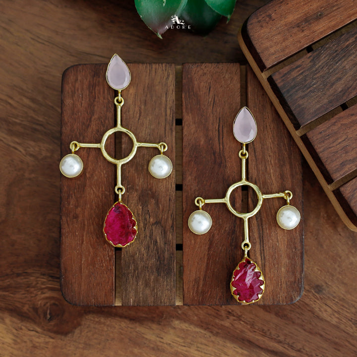 Riana Glossy Drop Twin Pearl Circle Dyed Stone Earring