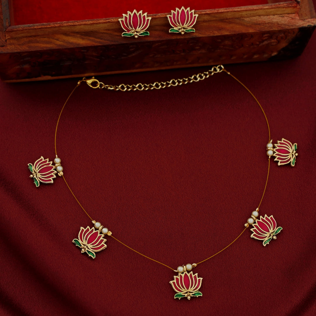Advaita Enamel Lotus Pearl String Neckpiece With Stud