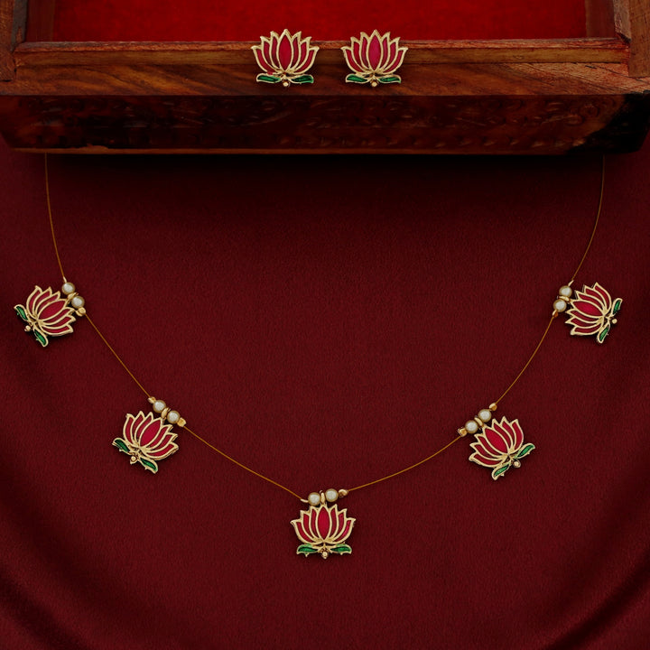 Advaita Enamel Lotus Pearl String Neckpiece With Stud