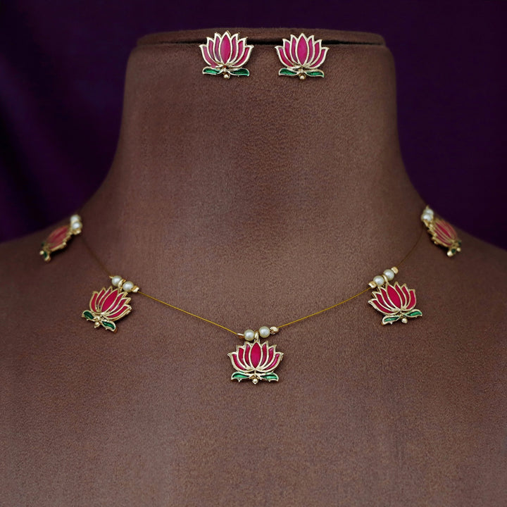 Advaita Enamel Lotus Pearl String Neckpiece With Stud