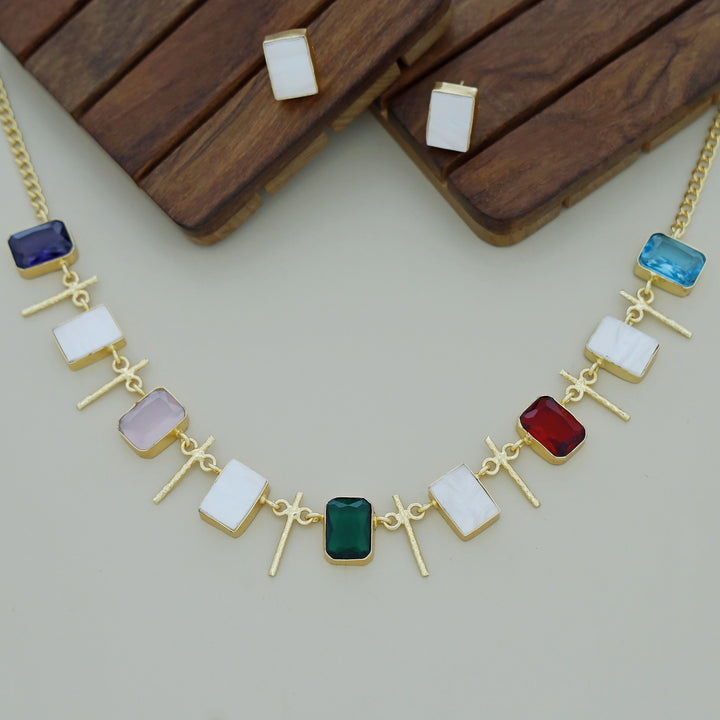 Ishani Rectangle MOP + Glossy Neckpiece With Stud