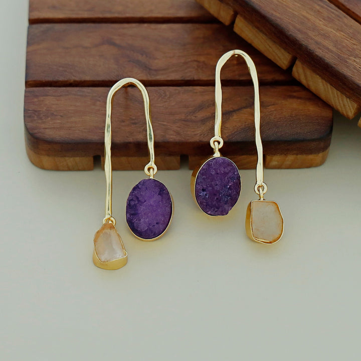 Anvi Golden Arch Raw Stone + Druzy Earring