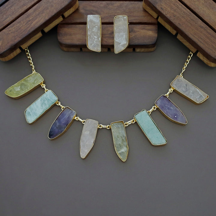 Multicolour Aanshi Raw Stone Neckpiece With Earring