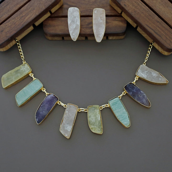 Multicolour Aanshi Raw Stone Neckpiece With Earring